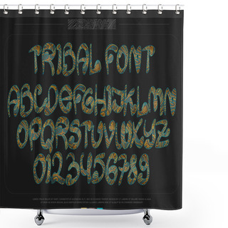 Personality  Tribal Style Alphabet Letters And Numbers Isolated On Black Background. Vector South American Tribe Font Type. Ethnic Ornament Character Design. Ancient Handwritten, Decorative Typesetting Shower Curtains