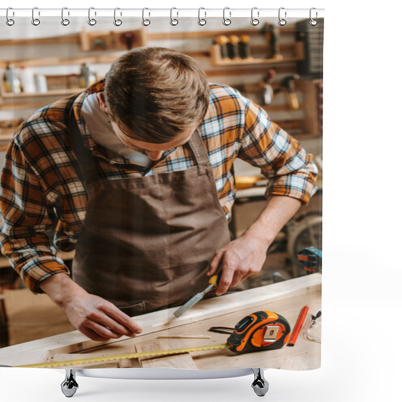 Personality  Carpenter Carving Wood Near Measuring Tape In Workshop  Shower Curtains
