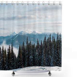 Personality  Scenic View Of Snowy Mountains With Pine Trees In White Fluffy Clouds Shower Curtains