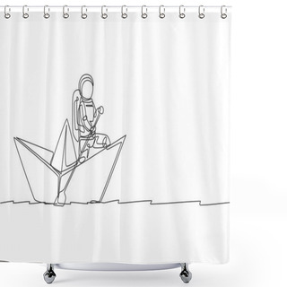 Personality  One Continuous Line Drawing Of Young Astronaut Sailor Rowing Paper Boat In Sea Ocean. Cosmic Galaxy Space Concept. Dynamic Single Line Draw Design Graphic Vector Illustration Shower Curtains