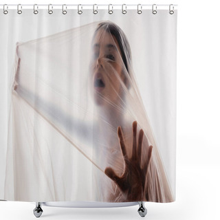 Personality  Woman Screaming Through Polyethylene Isolated On White, Ecology Concept Shower Curtains