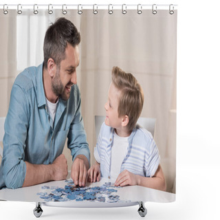 Personality  Man Playing Puzzle With Son Shower Curtains