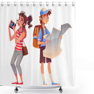 Personality  Tourist Tourist Character With Backpack, Map And Camera Isolated Tourism Illustration. Happy Woman Photographer Sightseeing On Holiday Vacation. Young Man In Hat With Luggage Hitchhiking Or Trekking Shower Curtains