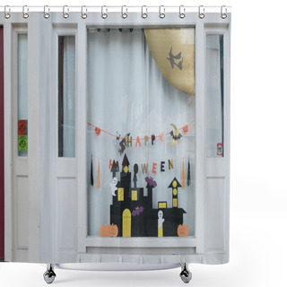 Personality  San Francisco, USA - October 13, 2016: Cute Kids Paper Crafts Display At Nursery House's Window For Celebrating On October 31, Halloween Day. Shower Curtains