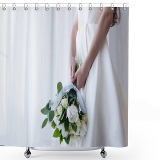 Personality  Cropped View Of Bride In Traditional Dress Holding Wedding Bouquet Shower Curtains