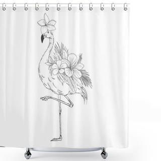 Personality  Flamingo With Floral Decor Hand Drawn Sketch Shower Curtains