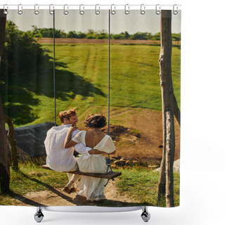 Personality  Excited Redhead Groom Embracing Bride In White Dress While Having Fun On Swing In Rural Setting Shower Curtains