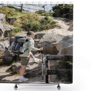 Personality  Young Short Haired Female Tourist With Backpack And Trekking Pole Walking On Hill With Stones And Nature At Background During Summer, Woman Trekking Across Vast Landscapes, Translation Of Tattoo: Love Shower Curtains