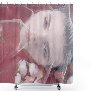 Personality  Portrait Of Beautiful Woman Covered With White Mesh Cloth In Pink Water With Rose Petals  Shower Curtains