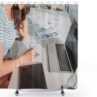 Personality  Cropped View Of Illustrator Drawing Storyboard Sketches In Studio  Shower Curtains