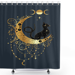 Personality  Mystical Black Cat Over Celestial Crescent Moon And Triple Goddess, Witchcraft Symbol, Witchy Esoteric Gold Logo. Vector Golden Luxury Wiccan Clipart In Boho Style Isolated On Blue Background Shower Curtains