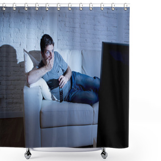 Personality  Attractive Man At Home Lying On Couch At Living Room Watching Tv  Looking Surprised In Shock Shower Curtains