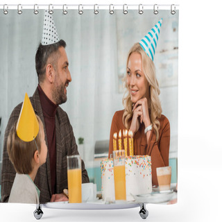 Personality  Happy Husband And Wife Looking At Each Other While Sitting At Kitchen Table With Son Near Birthday Cake Shower Curtains