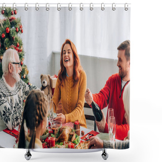 Personality  Selective Focus Of Woman Laughing Near Man Opening Bottle Of Champagne At Home Shower Curtains