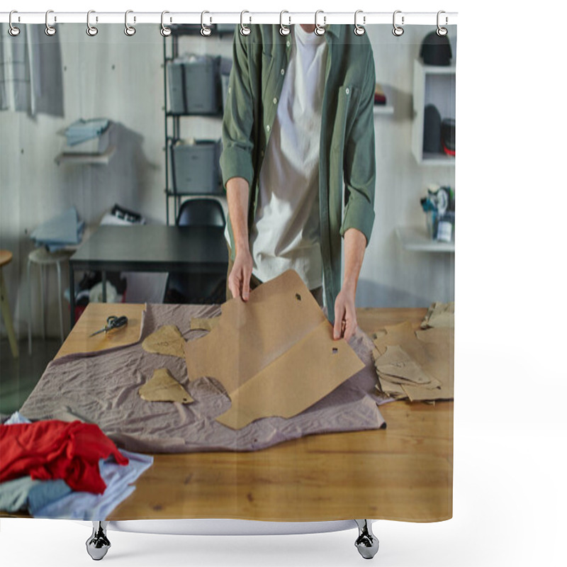 Personality  Cropped View Of Young Artisan Holding Sewing Pattern Near Fabric And Scissors On Table In Blurred Print Studio, Multitasking Business Owner Managing Multiple Project Shower Curtains