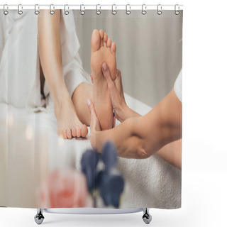 Personality  Cropped View Of Masseur Doing Foot Massage To Adult Woman In Spa Shower Curtains