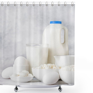 Personality  Fresh Dairy Products On White Background. Glass Jar Of Milk, Bowl Of Sour Cream, Cottage Cheese And Baking Flour And Mozzarella. Eggs And Cheese. Shower Curtains