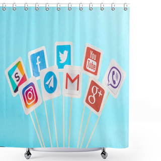 Personality  Top View Of Social Media Icons Isolated On Blue Shower Curtains