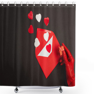 Personality  Cropped View Of Person In Red Glove Holding Tiny Gift Box Near Envelope With Love Letter And Paper Cut Hearts On Black  Shower Curtains