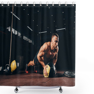 Personality  Handsome Athletic Sportsman Doing Push Ups On Medicine Ball In Dark Gym Shower Curtains
