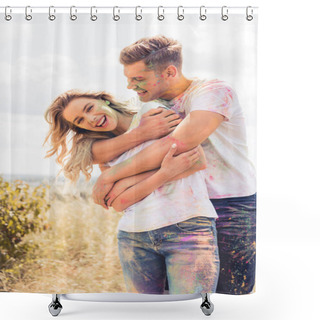 Personality  Attractive Woman And Handsome Man Smiling And Hugging Outside  Shower Curtains