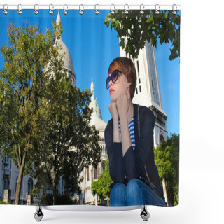 Personality  Beautiful Young Woman Of Sacre-Coeur Basilica In The Montmartre Shower Curtains