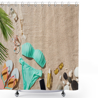 Personality  Top View Of Blue Bikini With Various Accessories On Sandy Beach Shower Curtains