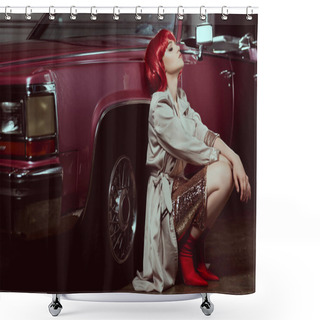 Personality  Beautiful Stylish Young Woman With Closed Eyes Crouching Near Vintage Car   Shower Curtains