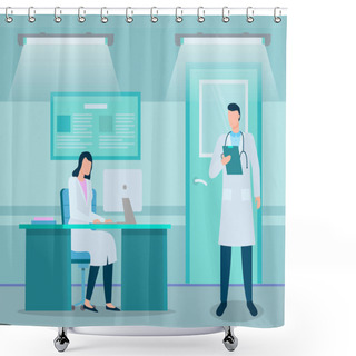 Personality  Doctors In Medical Office, Physician With Stethoscope And Clipboard, Therapist Working With Computer Shower Curtains