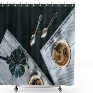 Personality  Flat Lay With Coffee Maker, Spoons, Newspaper And Glasses Of Cold Brewed Coffee On Black Tabletop Shower Curtains