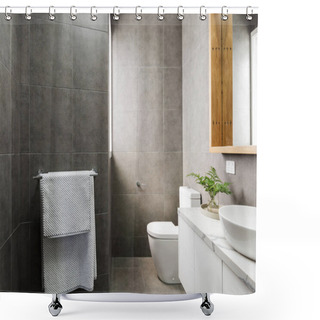 Personality  Charcoal Grey Bathroom With Marble Benctop  Shower Curtains