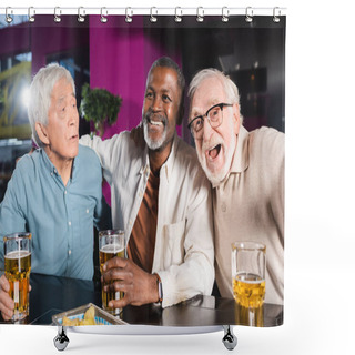 Personality  Cheerful Elderly Multicultural Friends Watching Football Championship In Beer Pub Shower Curtains