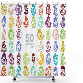 Personality  Mom And Baby Vector Monochrome Drawing On A White Background Large Collection Of Symbols Of Different Styles Shower Curtains