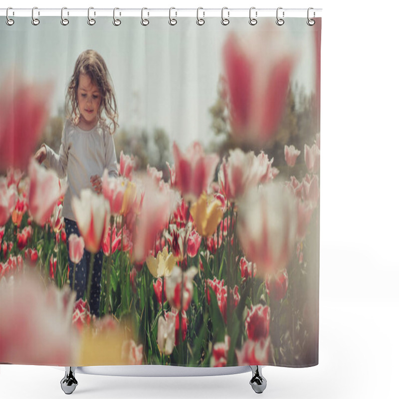 Personality  Little beautiful girl in flowers park and blooming tulips shower curtains