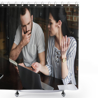 Personality  Stressed Young Couple With Laptop And Calculator Counting Credit Dept Shower Curtains