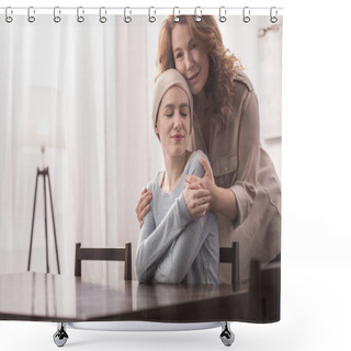 Personality  Mature Woman Hugging And Supporting Sick Smiling Daughter In Kerchief Shower Curtains