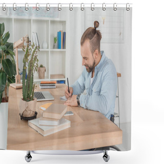 Personality  Disabled Man Writing In Notebook Shower Curtains
