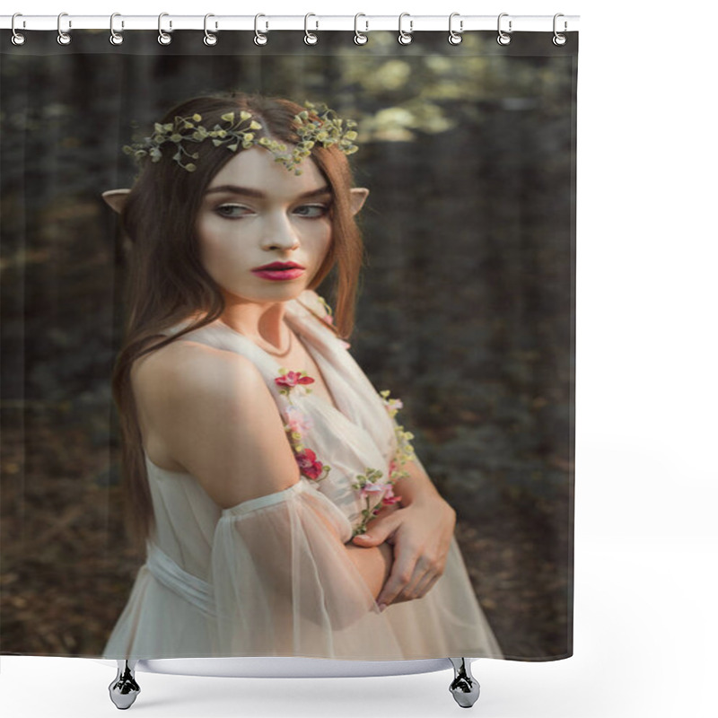 Personality  Beautiful Female Elf In Flower Dress And Wreath Standing With Crossed Arms In Forest Shower Curtains
