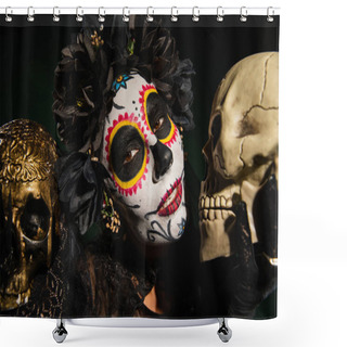 Personality  Woman In Black Wreath And Cartina Makeup Holding Skulls Isolated On Black  Shower Curtains