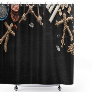 Personality  Top View Of Voodoo Dolls Near Bowl With Ashes, Crystals, Candles And Old Runes On Black  Shower Curtains