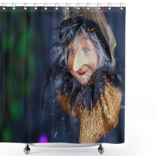 Personality  A Head Of Flying Aged Witch With Kindness Face On A Dark Blurred Background. Concept Of All Hallows Eve. Shower Curtains