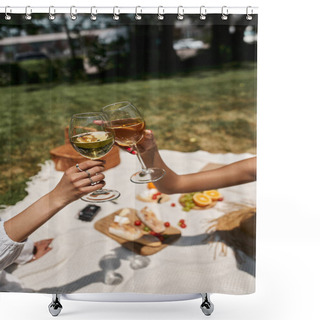 Personality  Cropped View Of African American Women Clinking Wine Glasses, Food On Blurred Background, Picnic Shower Curtains