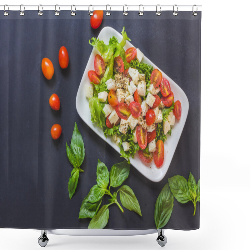 Personality   Italian Salad, Tomato Mozzarella Basil Leave Salad. Top View On Shower Curtains