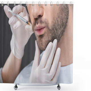 Personality  Cropped View Of Hands In Medical Gloves Making Beauty Injection For Man, Isolated On Grey Shower Curtains