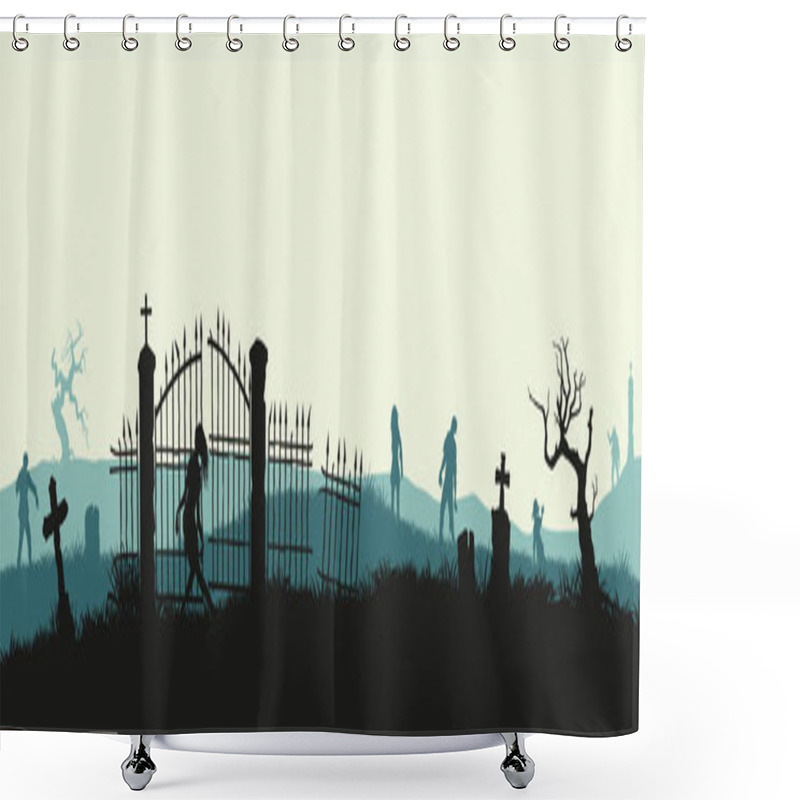 Personality  Black Silhouette Of Zombies On Cemetery Background. Nightmare Landscape With Dead People. Panorama Of Undead Monster And Gravestone. Halloween Shower Curtains