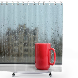 Personality  Cup Of Hot Drink On Windowsill, Space For Text. Rainy Weather Shower Curtains