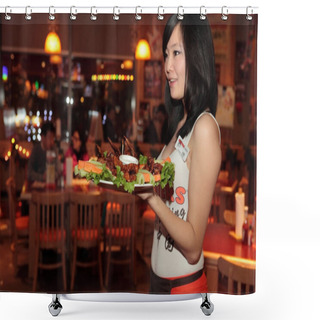 Personality  A Chinese Waitress Serves Customers In The Hooters Restaurant In Beijing, China, January 1, 2010 Shower Curtains