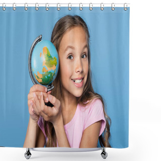 Personality  Schoolchild Holding Globe And Looking At Camera Isolated On Blue  Shower Curtains
