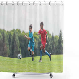 Personality  Excited Multicultural Kids Playing Football On Grass  Shower Curtains