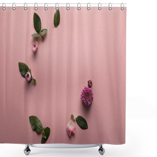 Personality  Top View Of Spring Flowers And Green Leaves On Pink Background Shower Curtains